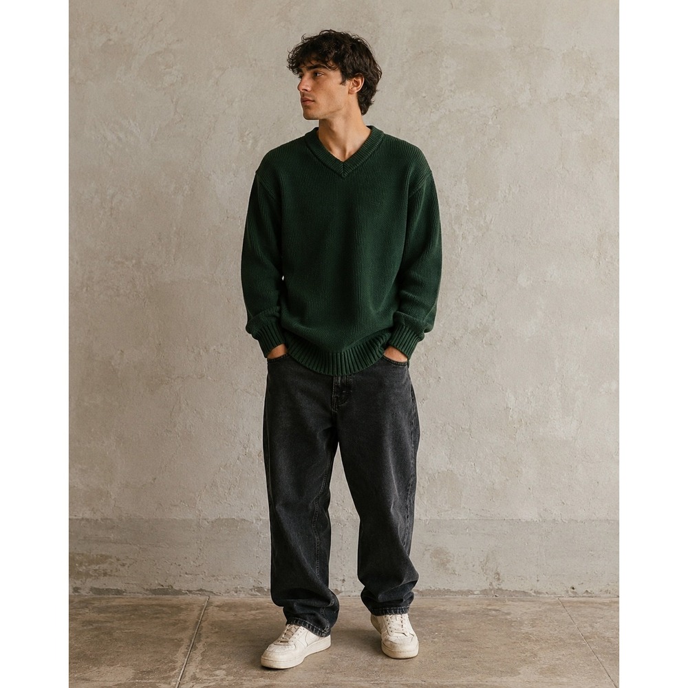 Vintage Eddie Bauer Sweater Mens Small Green V-Neck Shaker Stitch Cotton 90s